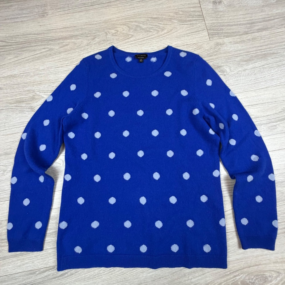 Talbots Pure Cashmere Polka Dot Sweater Blue Crew Neck Long Sleeve Womens Medium